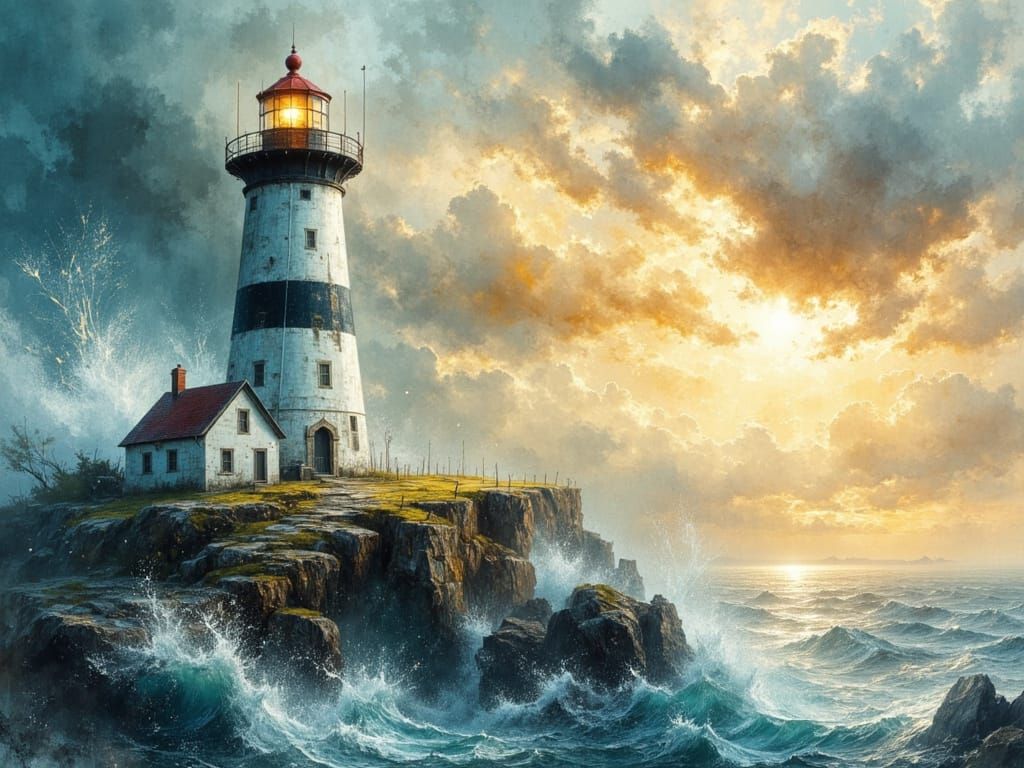 Dreamlike Lighthouse Overlooking Stormy Seas, in Watercolour...