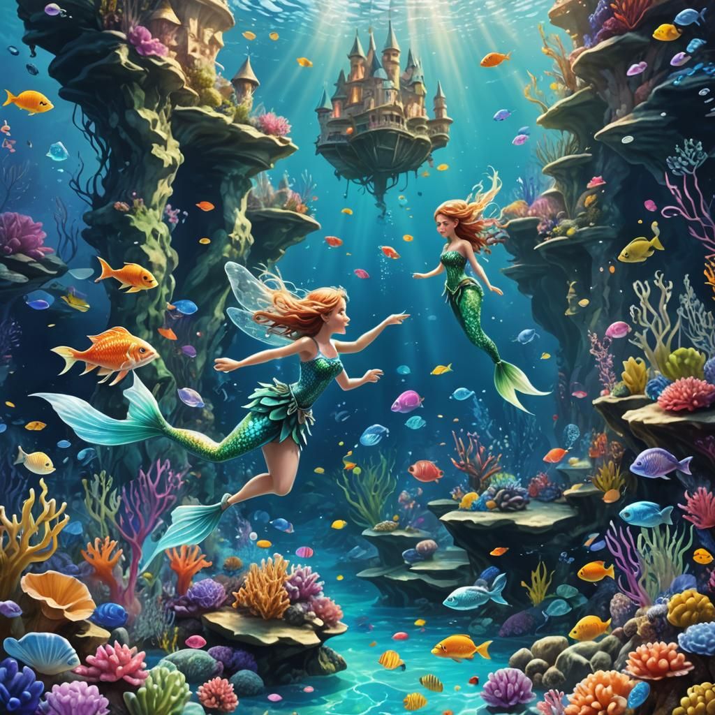 Underwater Fairy Kingdom with Mermaids and Corals