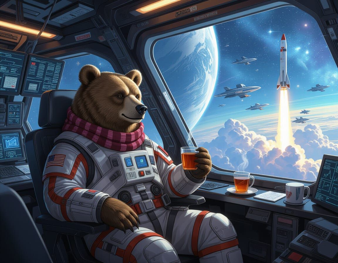 Cozy Bear Sipping Tea on Space Station