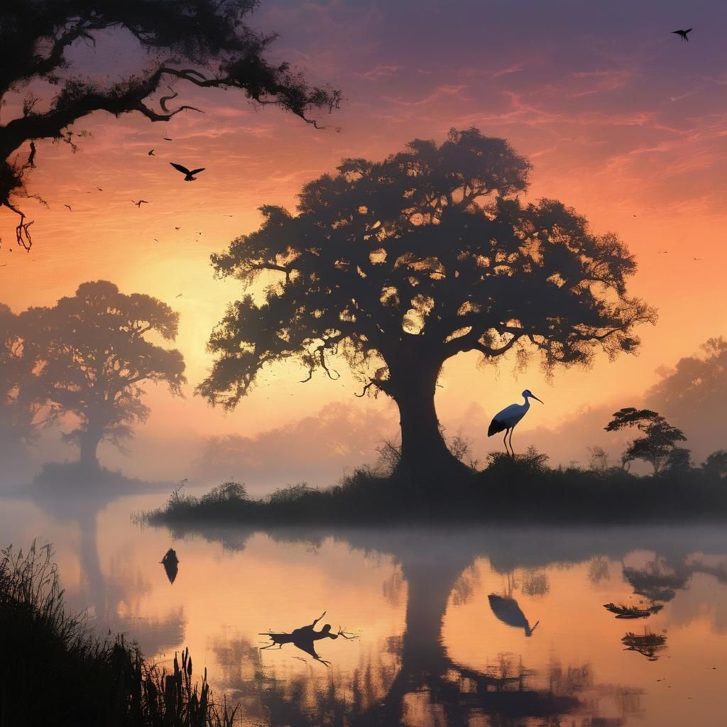 Oak Island Dawn: Stork, Sprite, and Mystical Mist