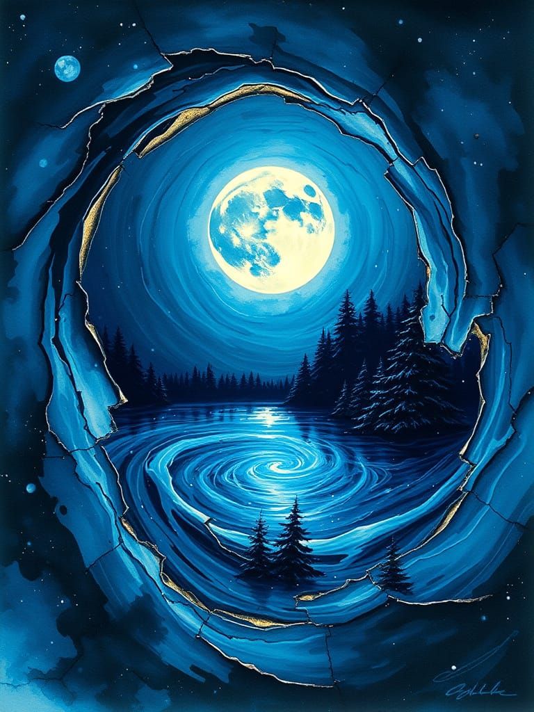 Bioluminescent Sapphire Vortex Night Sky and Forest