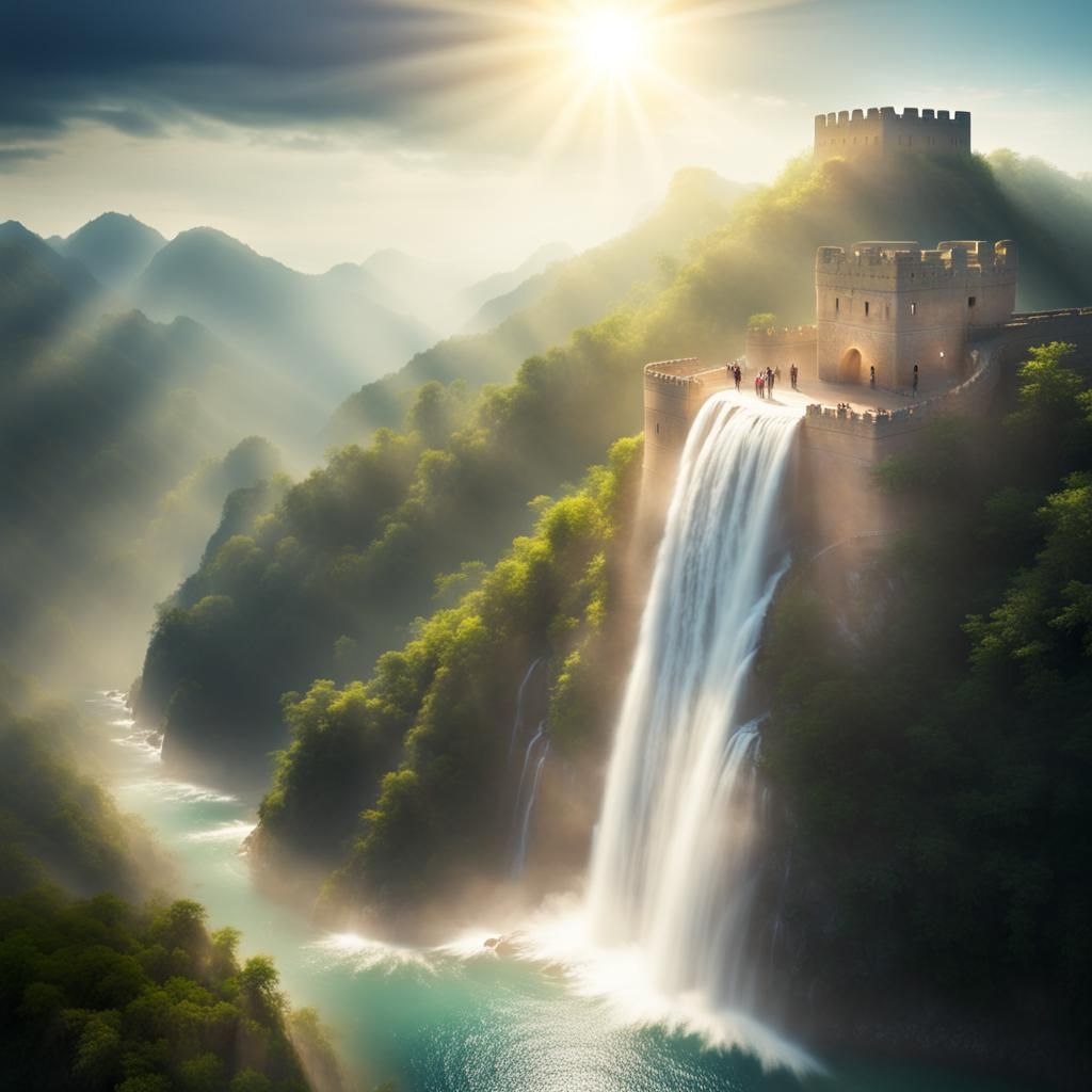 Great Wall by Sea with Waterfall in Divine Light