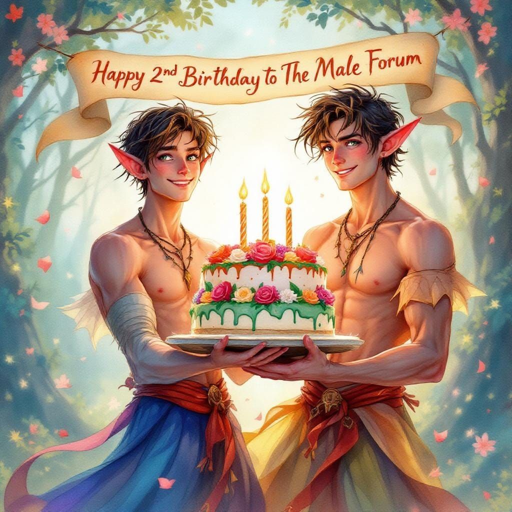 Gay Elves Celebrate Birthday in Watercolor Fantasy