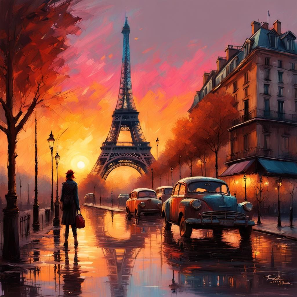 Eiffel Tower Sunset: Detailed Matte Painting