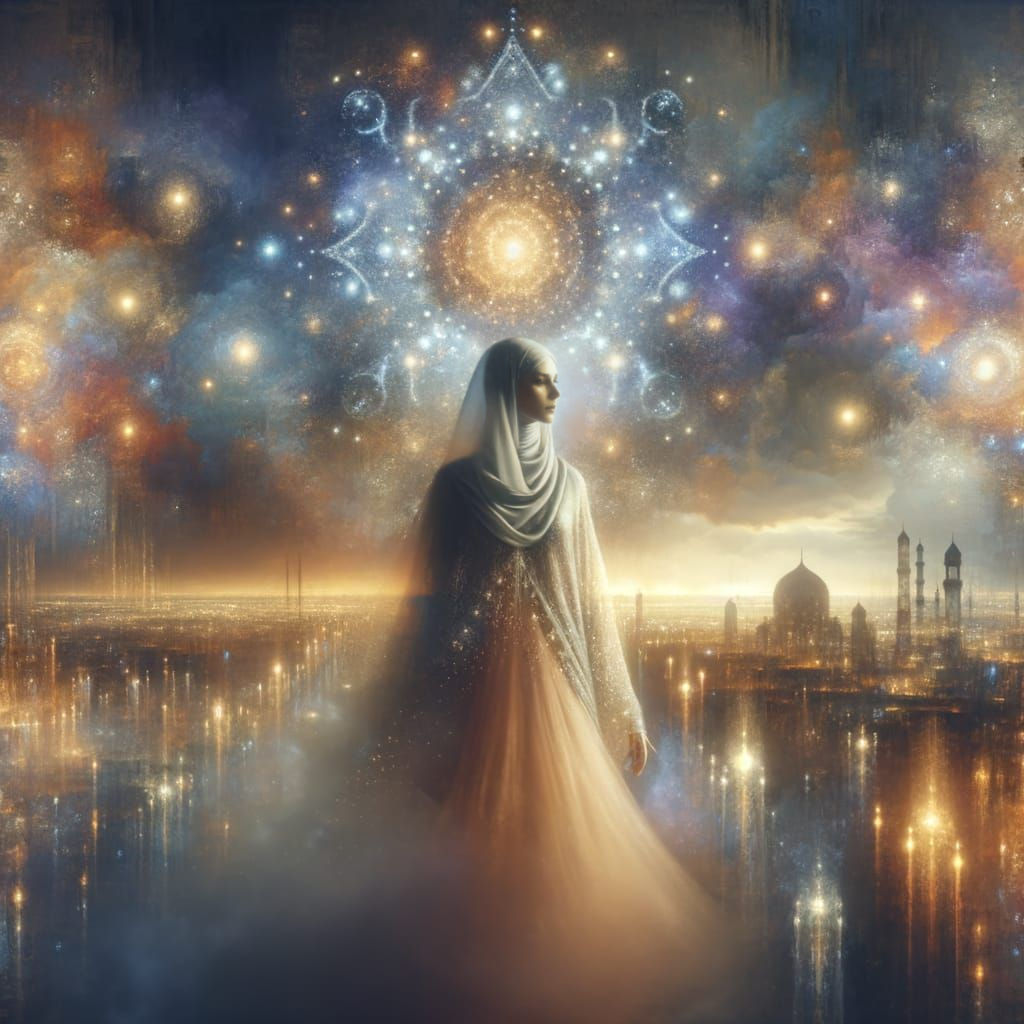 Lady of Cosmic Wonder in Golden Futuristic Style