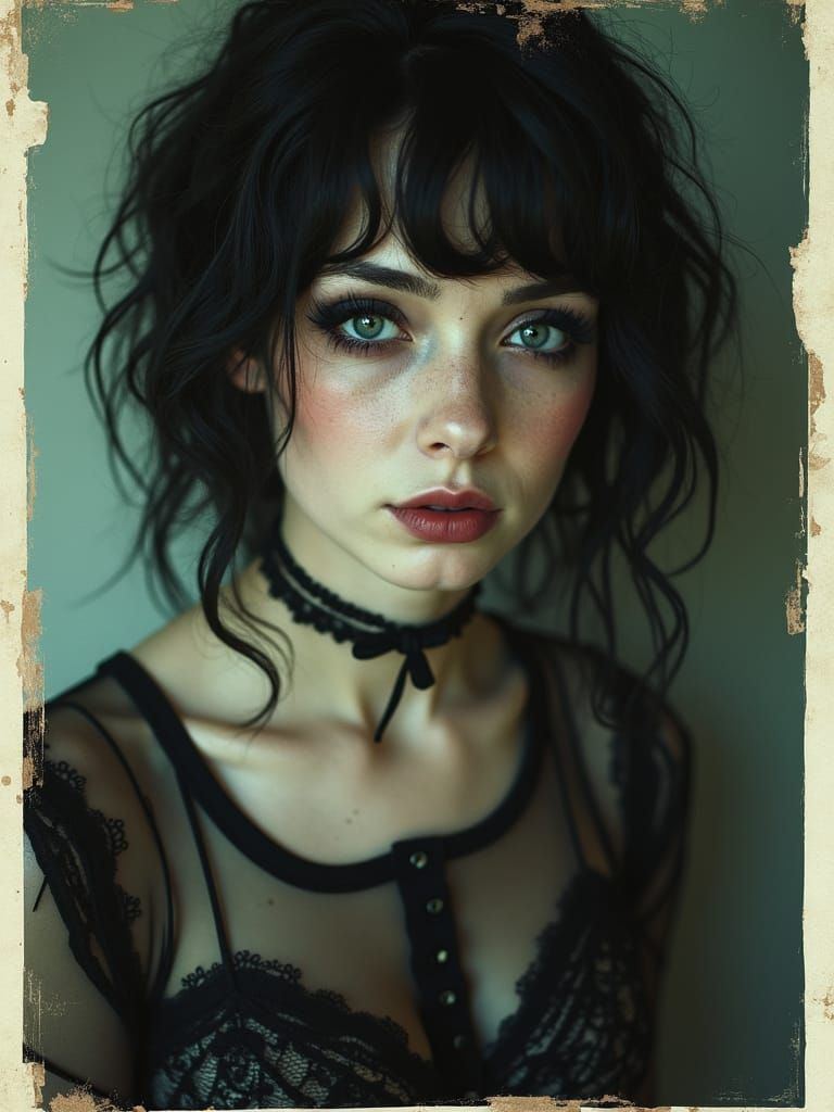 Gothic Emo Girl Portrait in Retro Polaroid Style