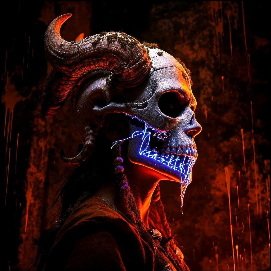 Latina Warrior with Skull Helmet in Cinematic Art