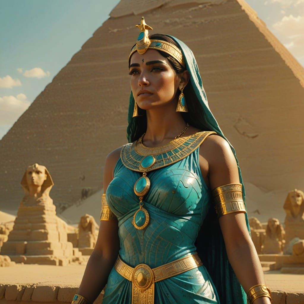 Turquoise Isis Statue in Golden Light: Photorealistic Art