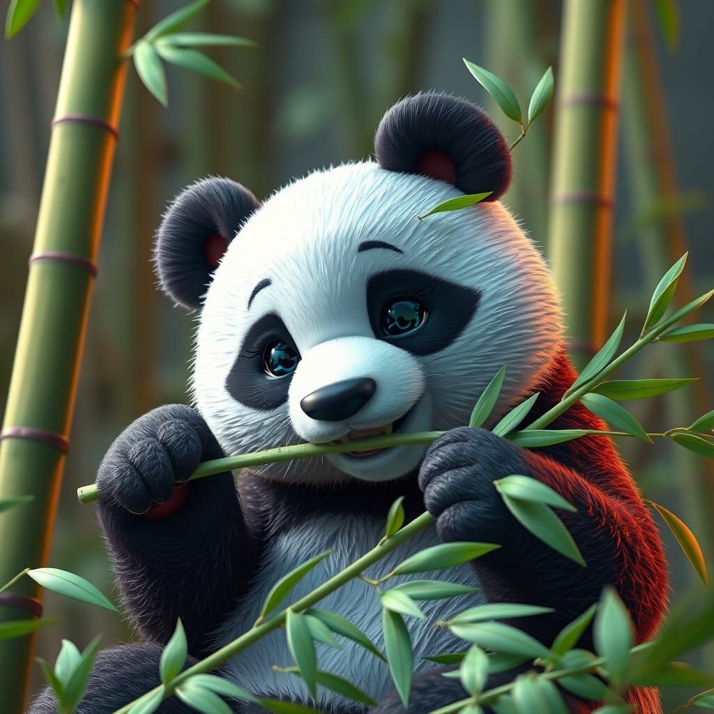 Cute Panda Eating Bamboo in 3D Anime Style