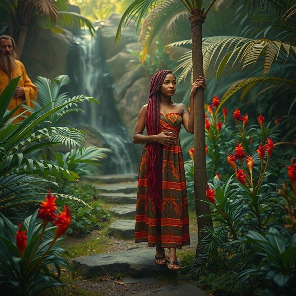 Serene Woman in Tropical Garden with Waterfall