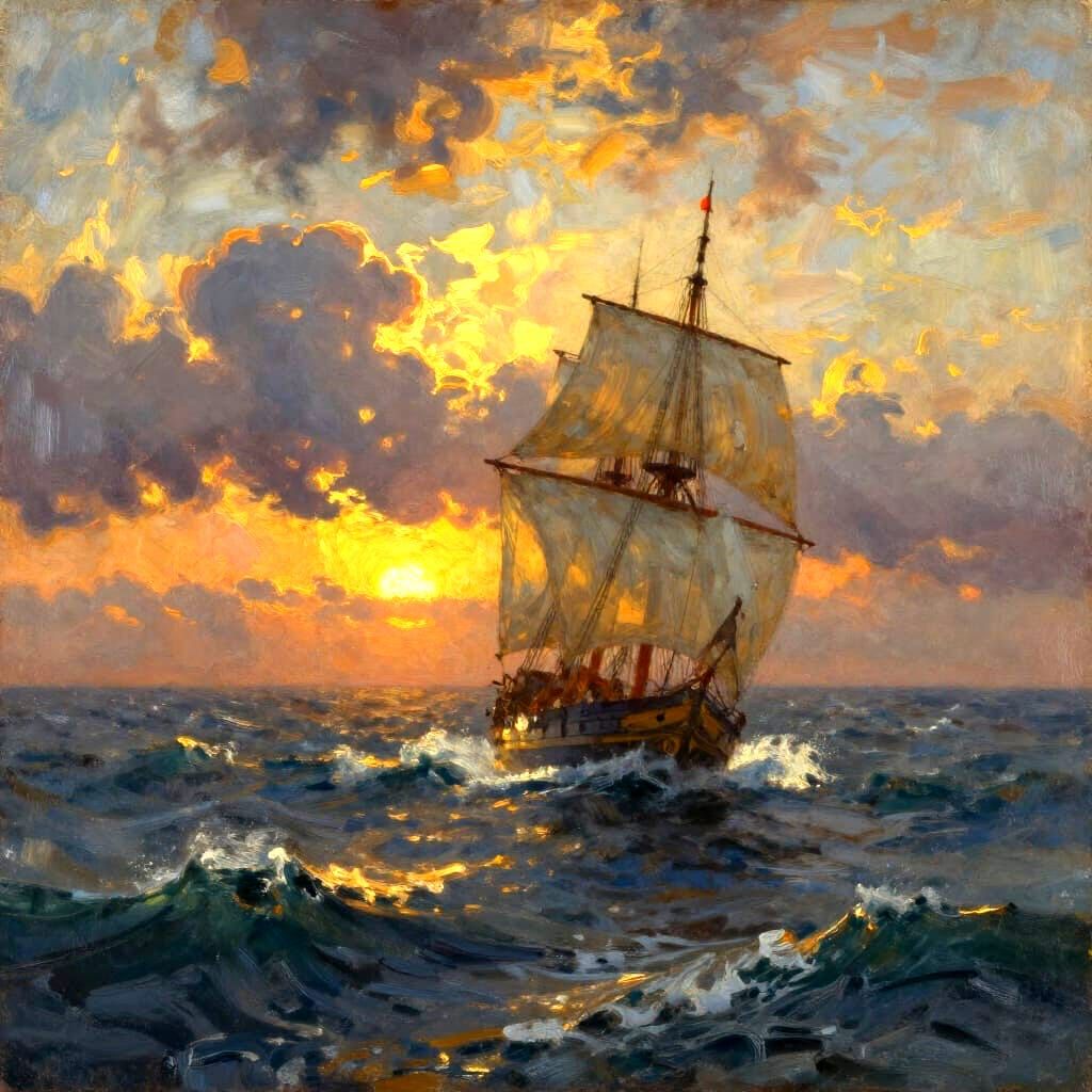 Sailboat Departing at Sunset, Love Bound by Heart