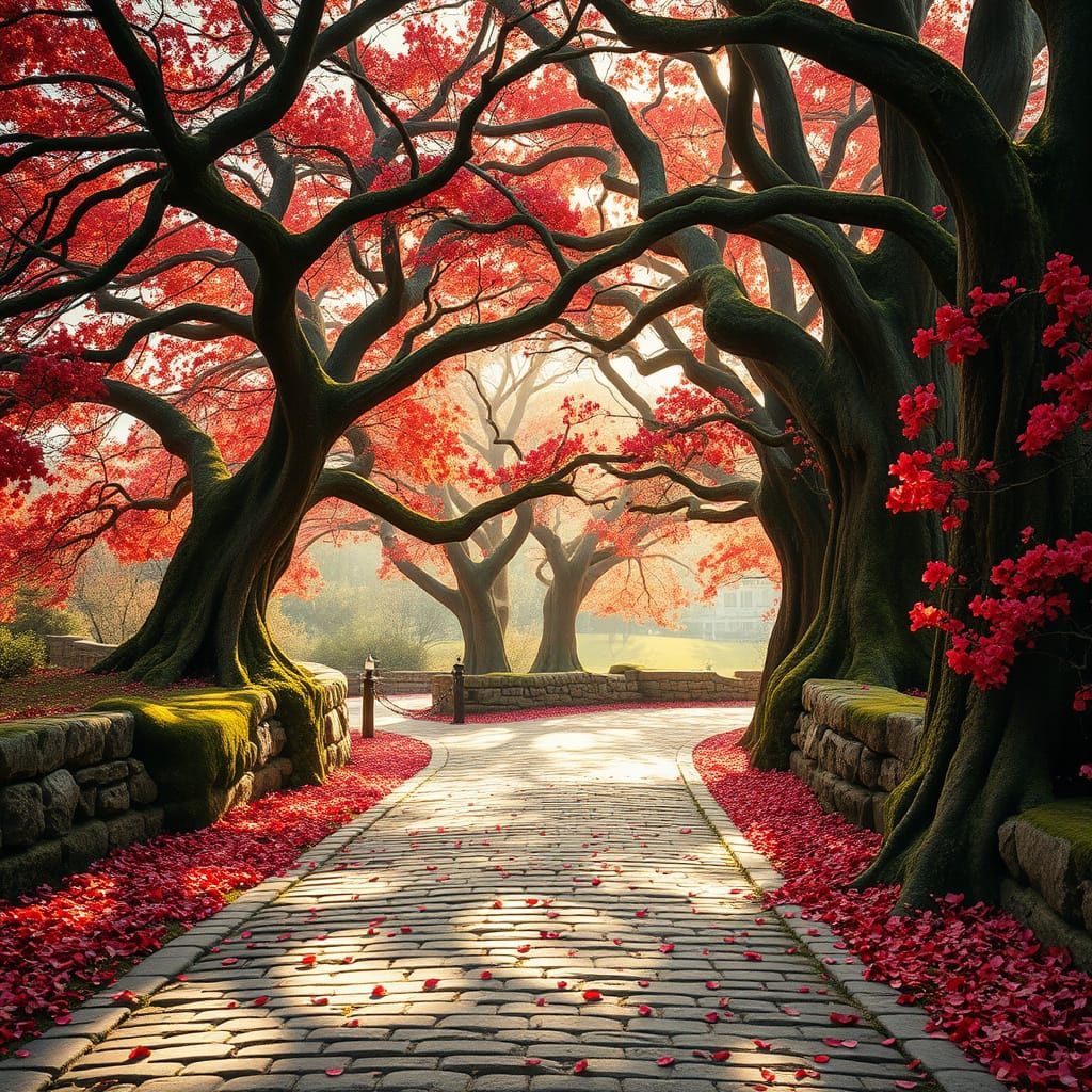 Majestic Stone Path in Vibrant Floral Bloom