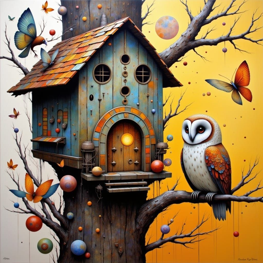 Richard Burlet, Mila Marquis, Luis Royo, Anna Silivonchik, Pino Daeni, characterful owl sitting by his tree house mixed ...