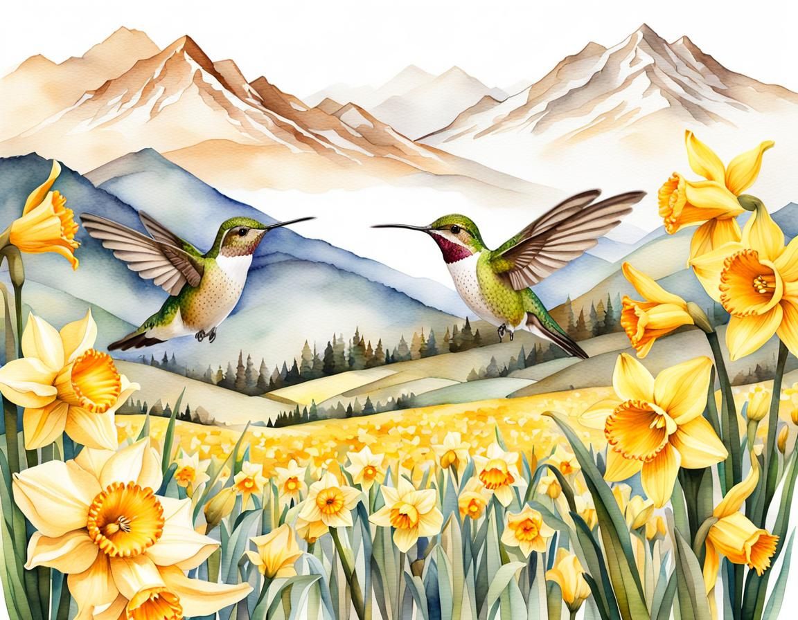 Hummingbird in Daffodil Field: Watercolor Painting