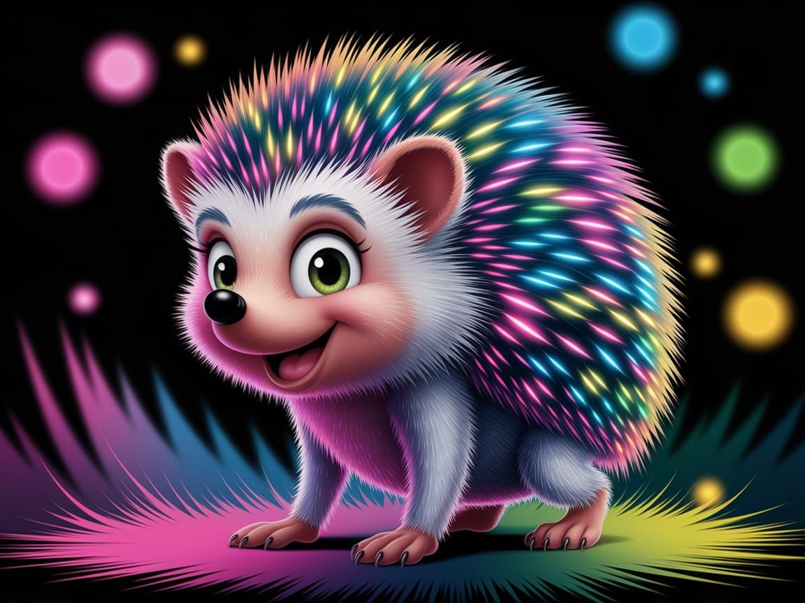 Cartoon Hedgehog with Glowing Neon Spines in Digital Art