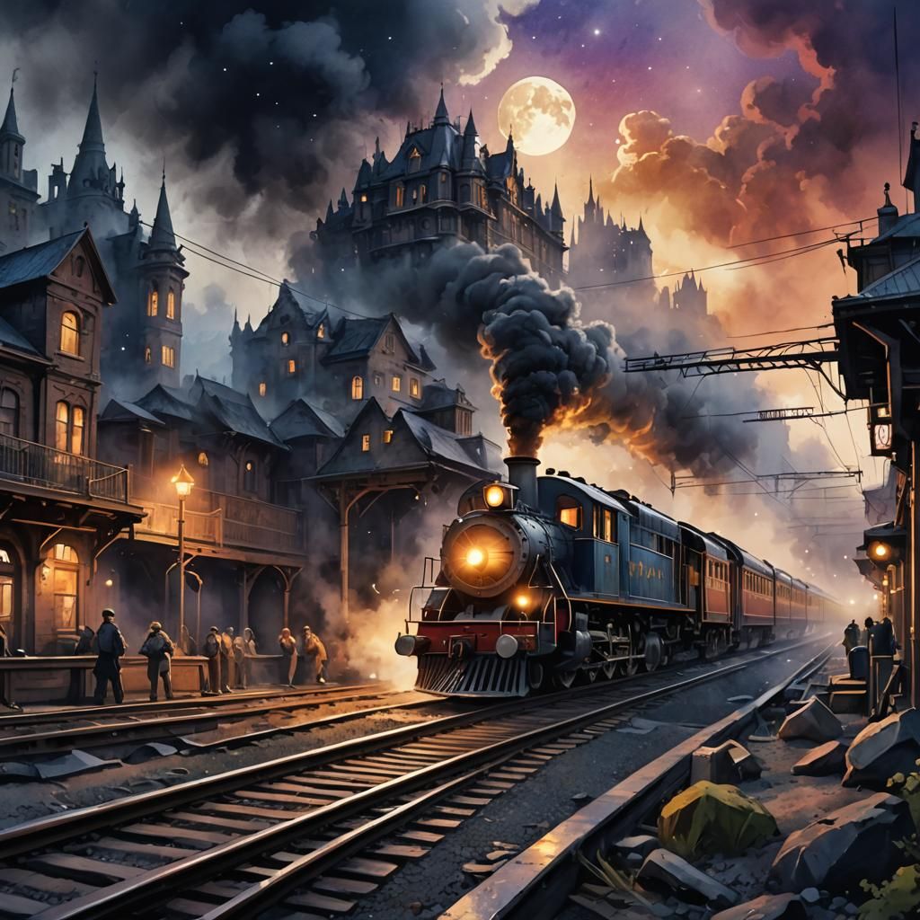 Night Train in Watercolor Style