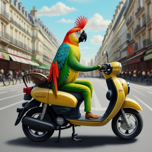 Parrot Rides Moped Through Paris in Vibrant Oil Painting
