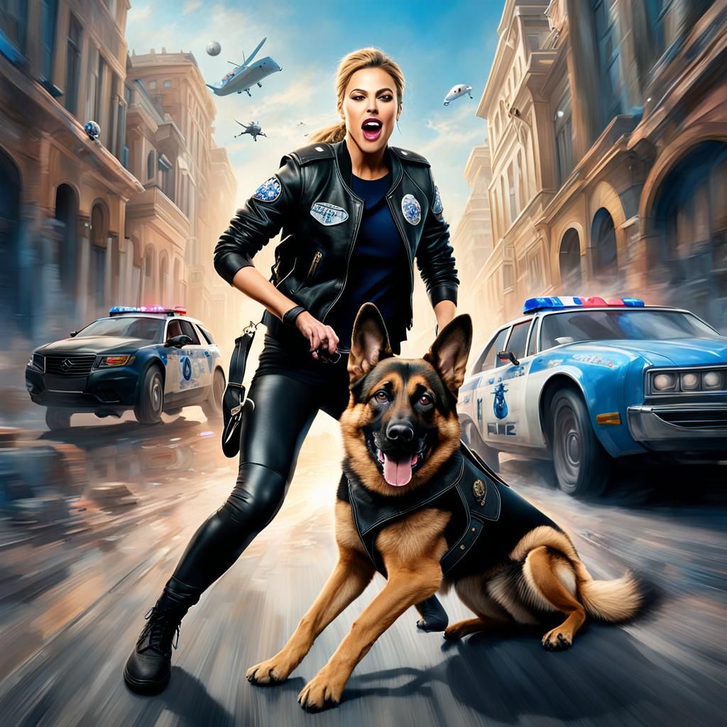 Furious Police Dog Jumps on Robber in Digital Painting