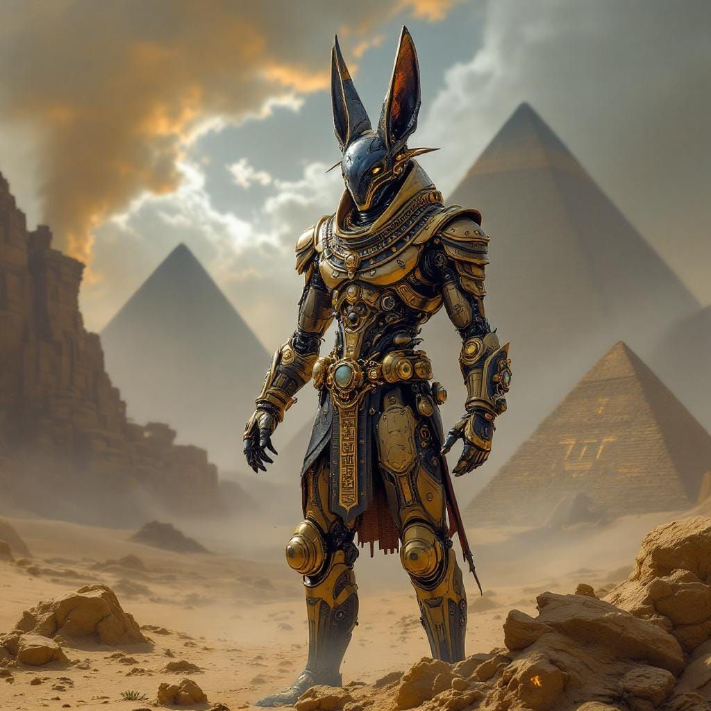 Steampunk Anubis Automaton Guards Desert Landscape