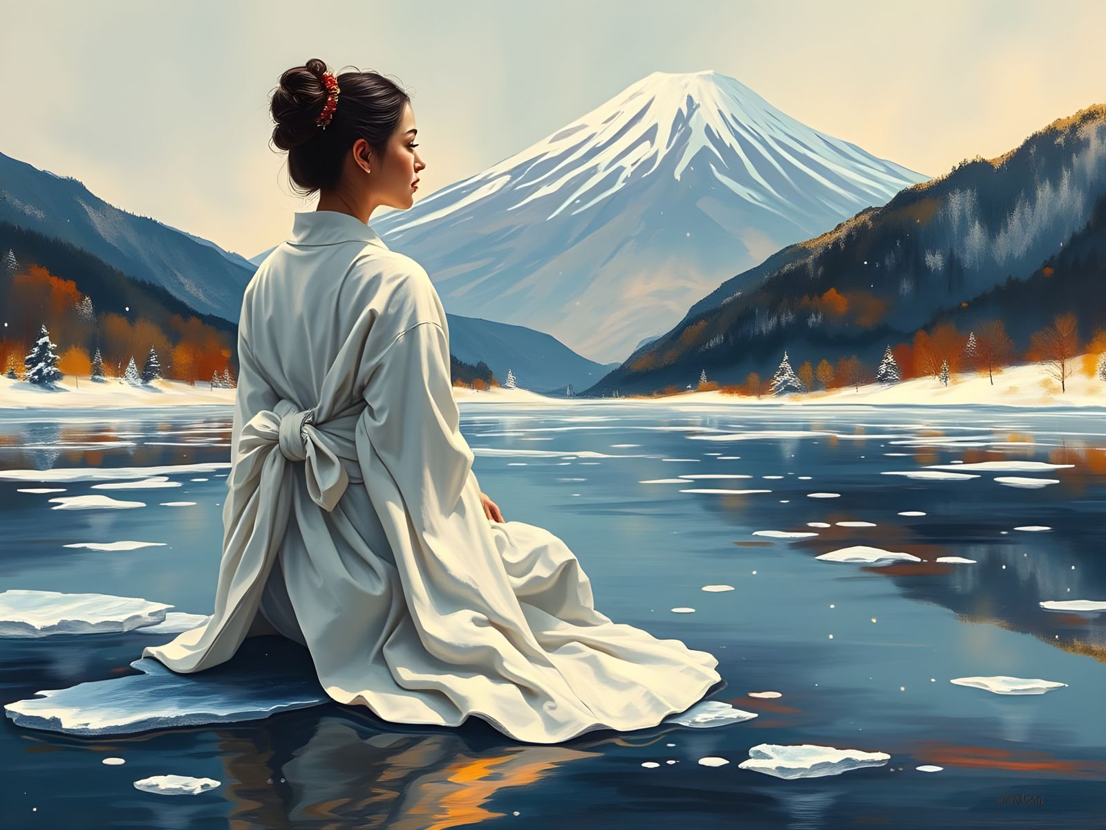 Serene Neo-Impressionist Scene of a Woman Meditating on a Fr...