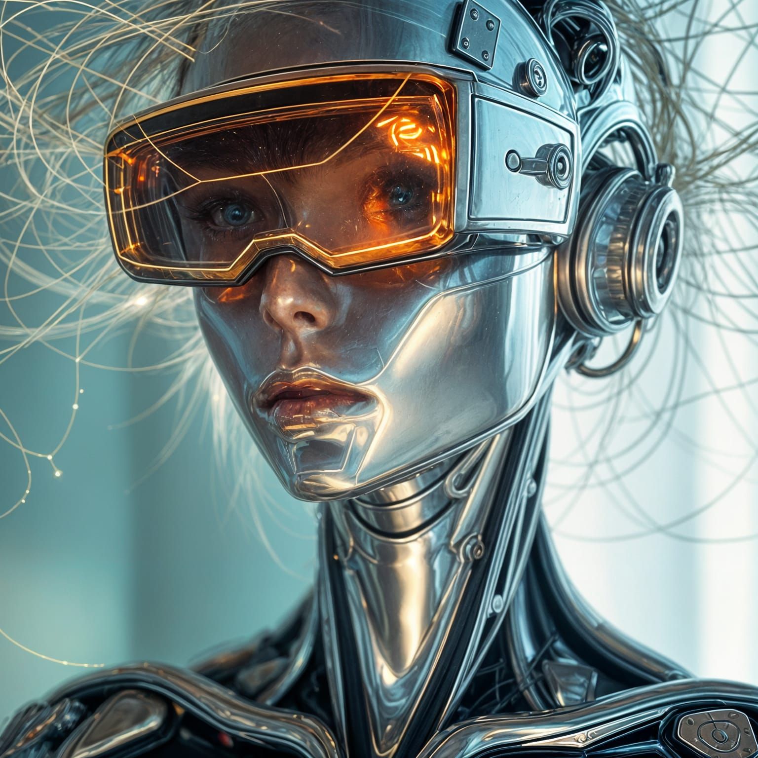 Sleek, Cyberpunk Robot with Integrated Augmented Reality Dis...