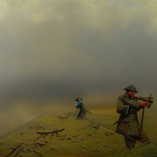 World War One Trenches in Fog, Oil Painting