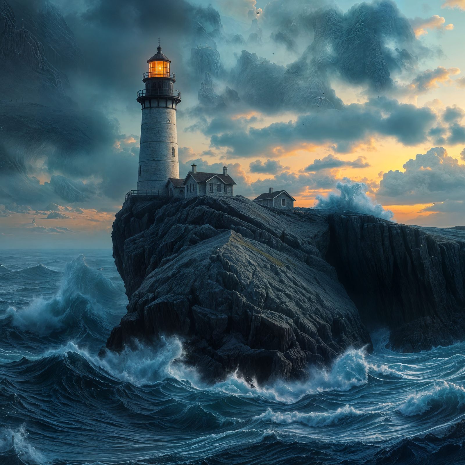 Obsidian Lighthouse Stands Tall Amidst Stormy Seas in Hyperr...