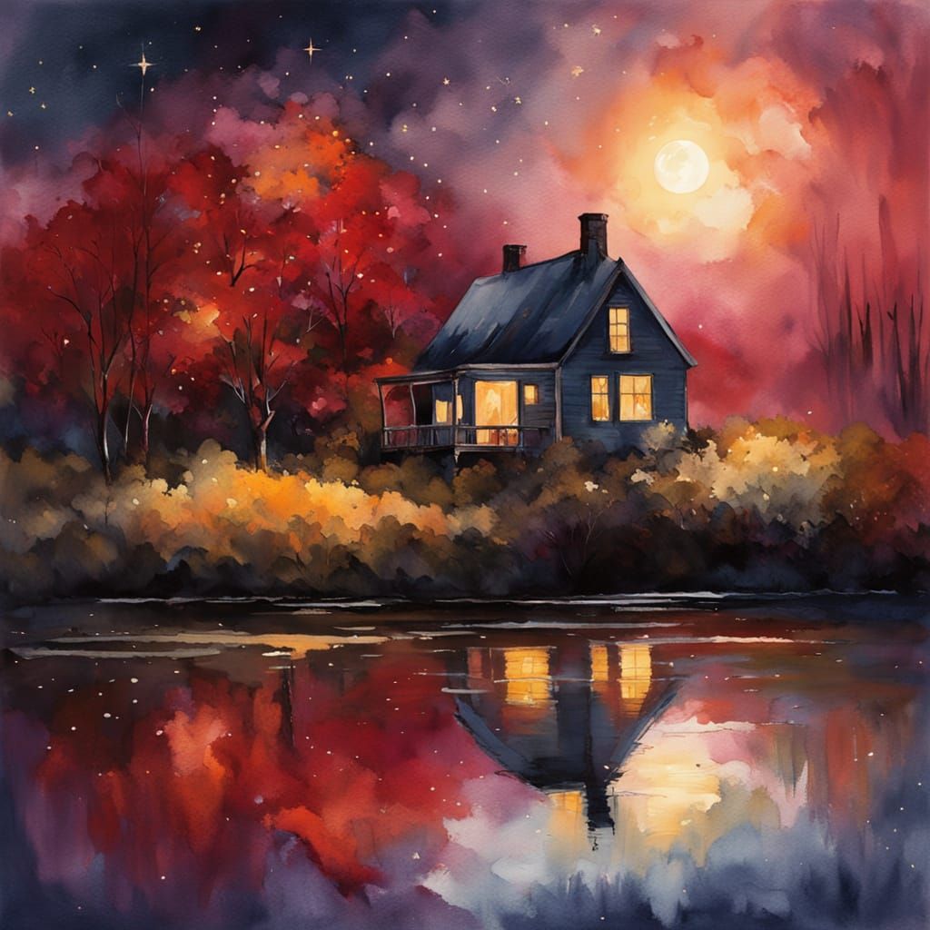 Magical Forest Valley with Celestial Sky and Cottage