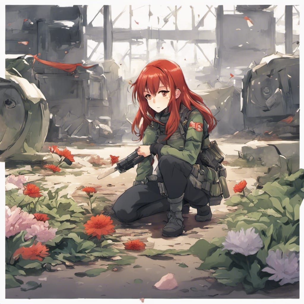 Anime Girl in War Picking Flower