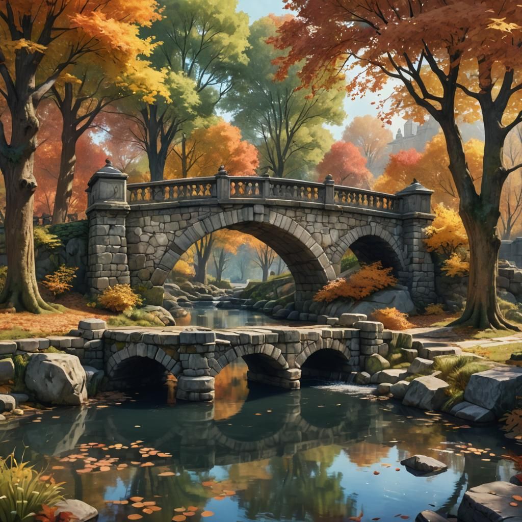 Vintage Stone Bridge in Autumn Watercolor Park