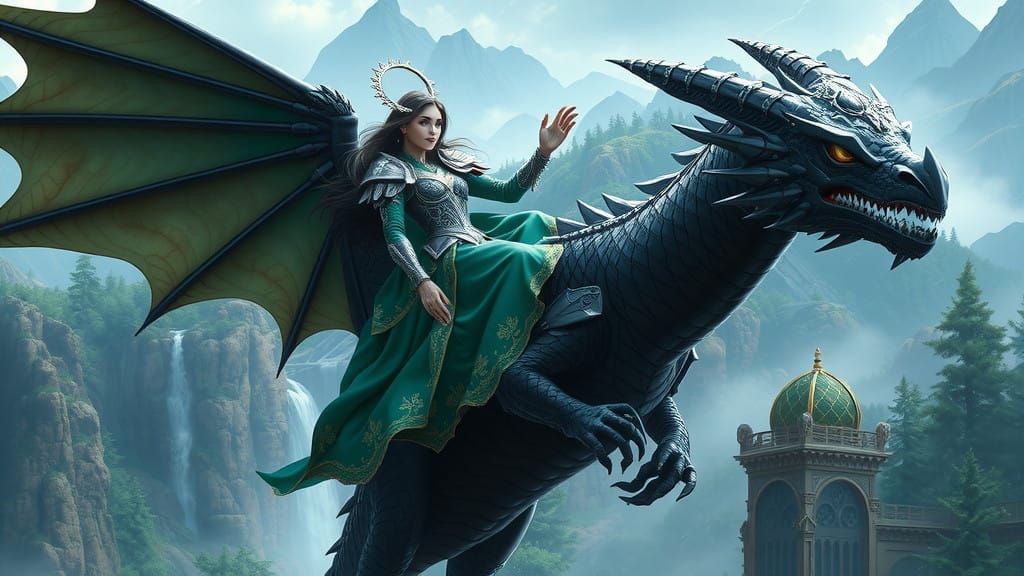 Ethereal Silver Paladin Rides Dragon Over Mystical Realm