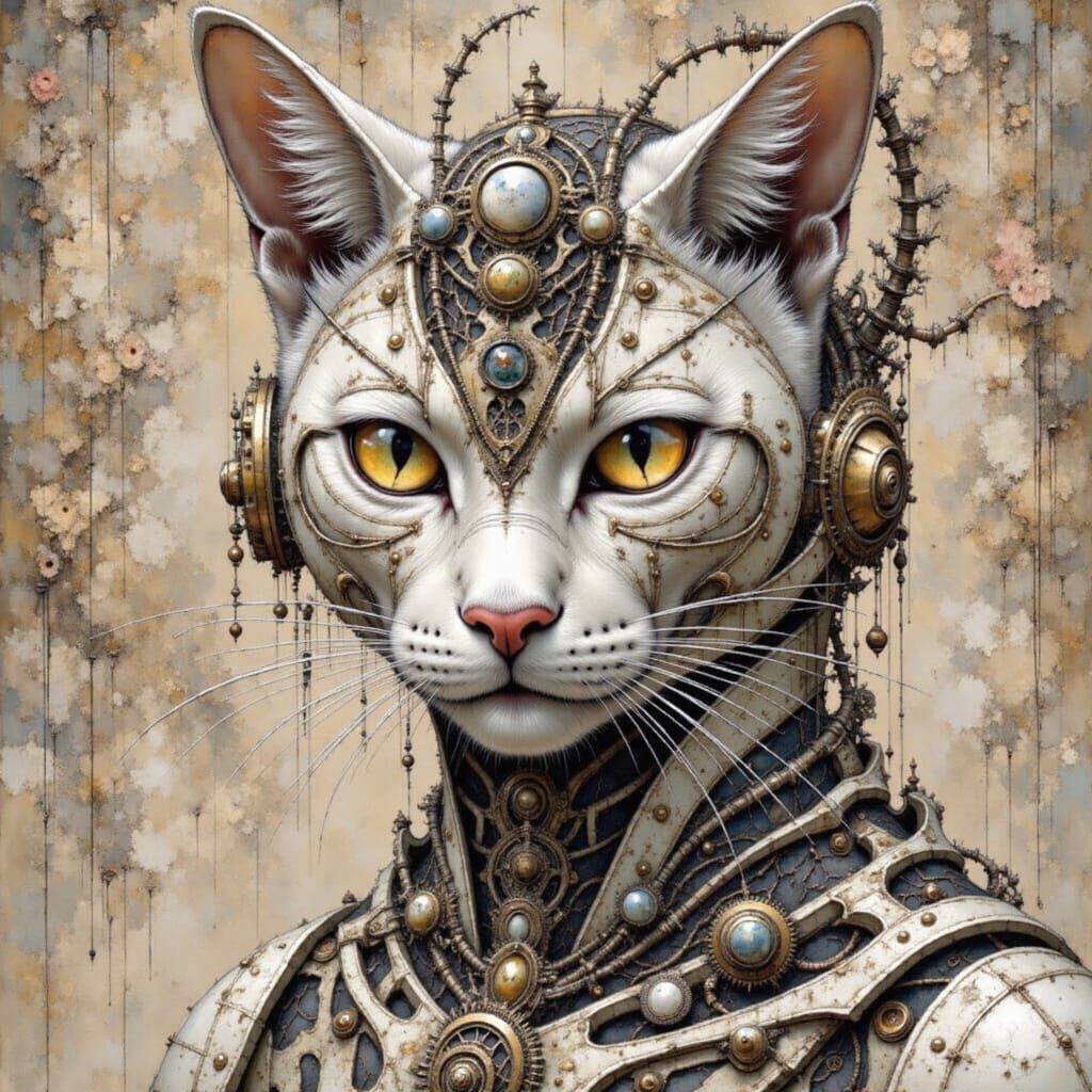 Cyborg Feline Goddess with Intricate Schematic Portraits