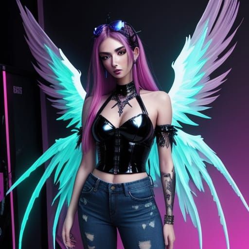 Gothic Angel in Garish Neon Room, Surreal Art