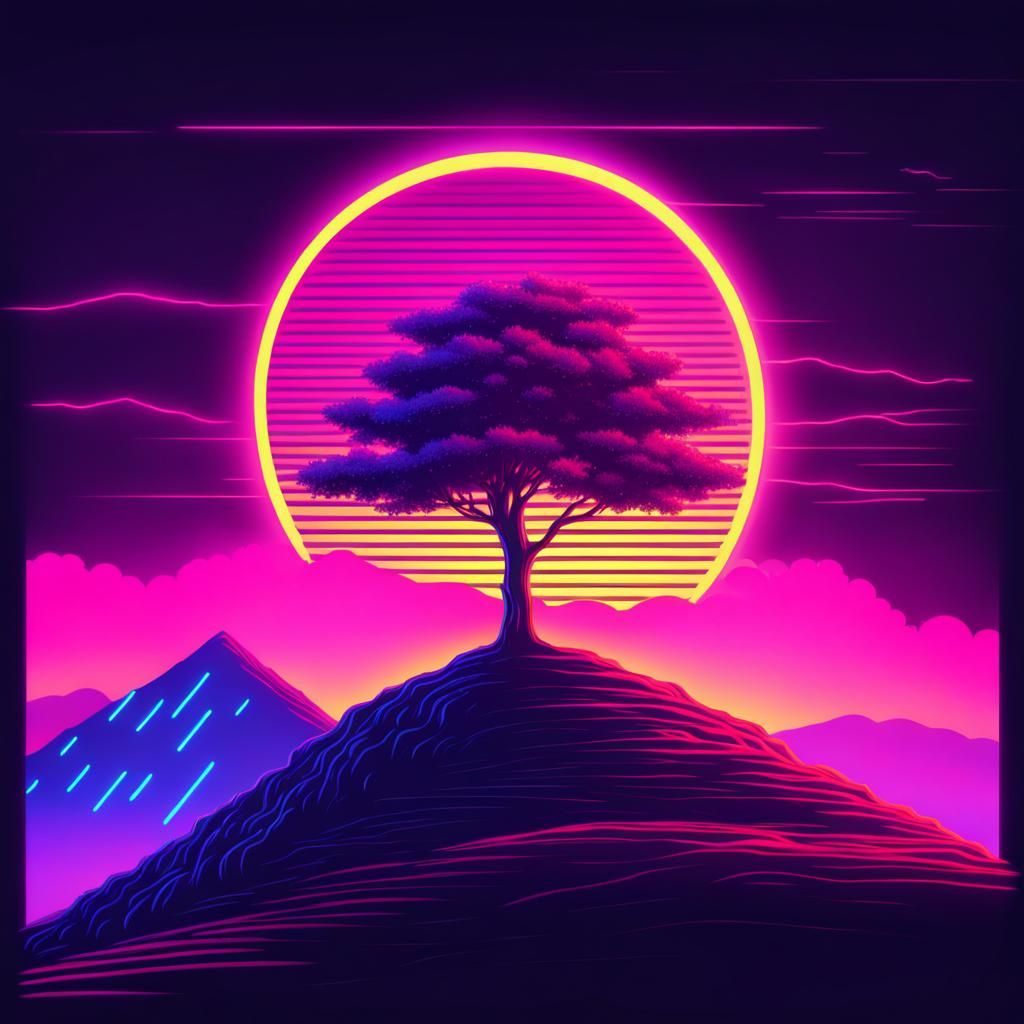 Synthwave Tree on Hill at Sunset