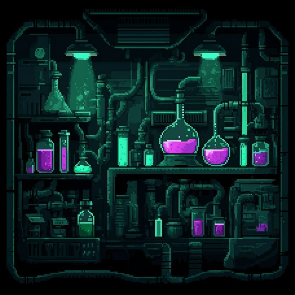 Pixelated Sci-Fi Lab with Glowing Potions in 8-bit Style