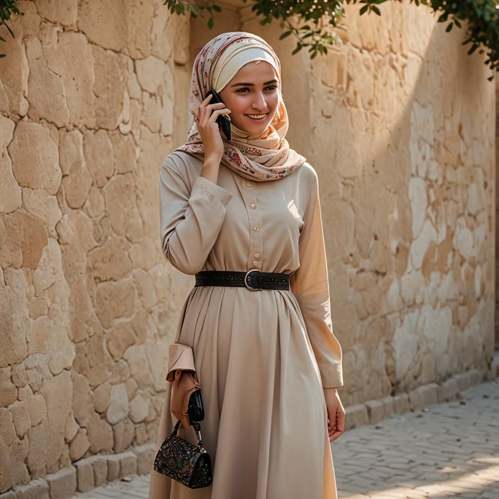 Boy in Female Muslim Dress Talking on Phone