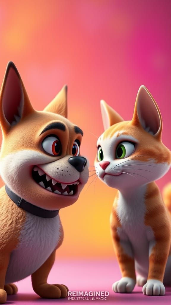 Cute Angry Dog and Cat Face Off in Vibrant Digital Art
