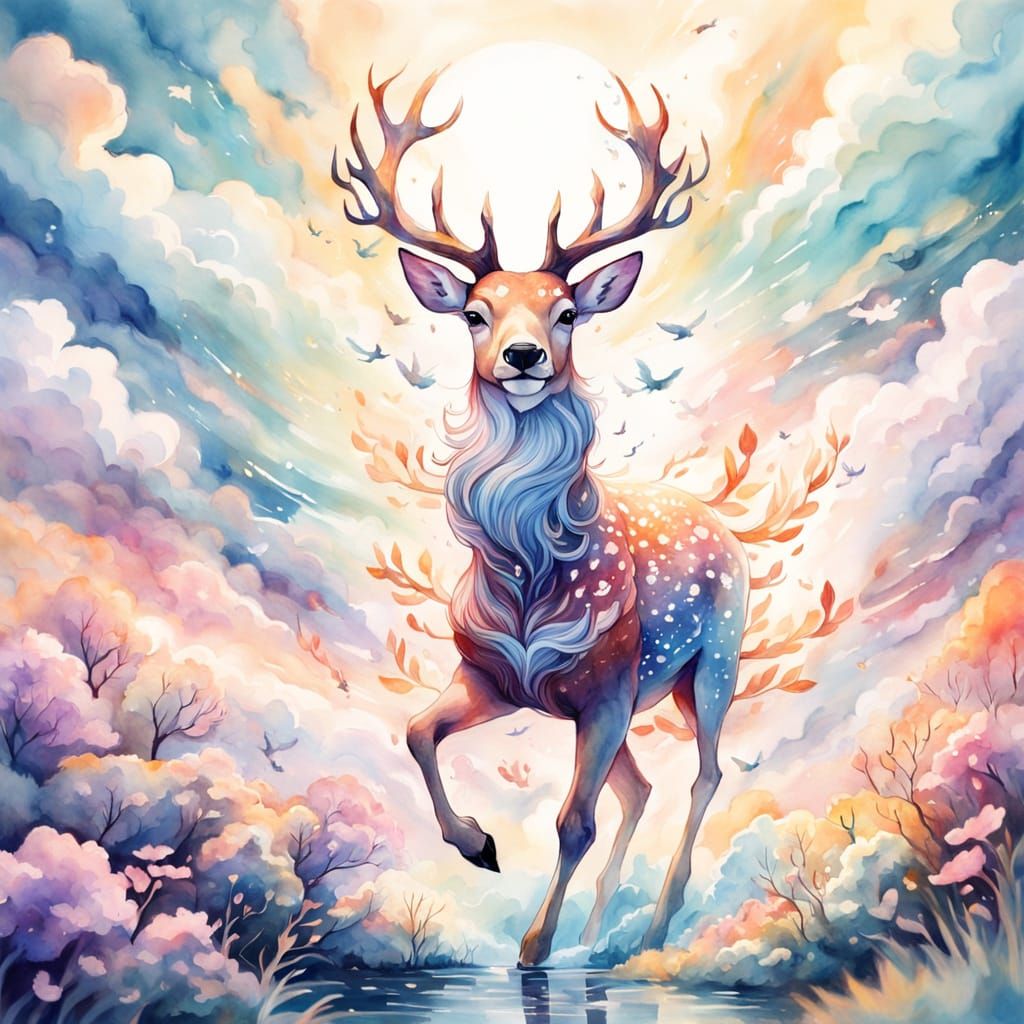 Watercolor Deer Flying Through a Whimsical Sky