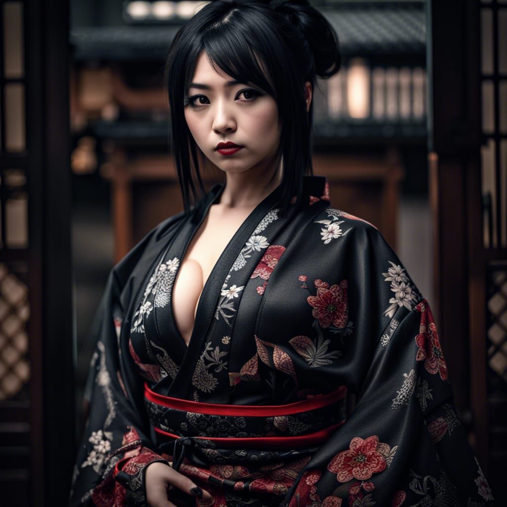 Japanese Goth Girl in Kimono, Hyperrealistic Image