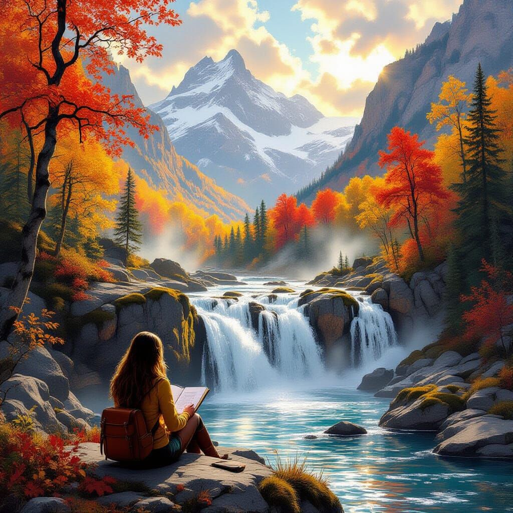 Female Traveler Sketches Autumn Mountain Cascade in Warm Lig...