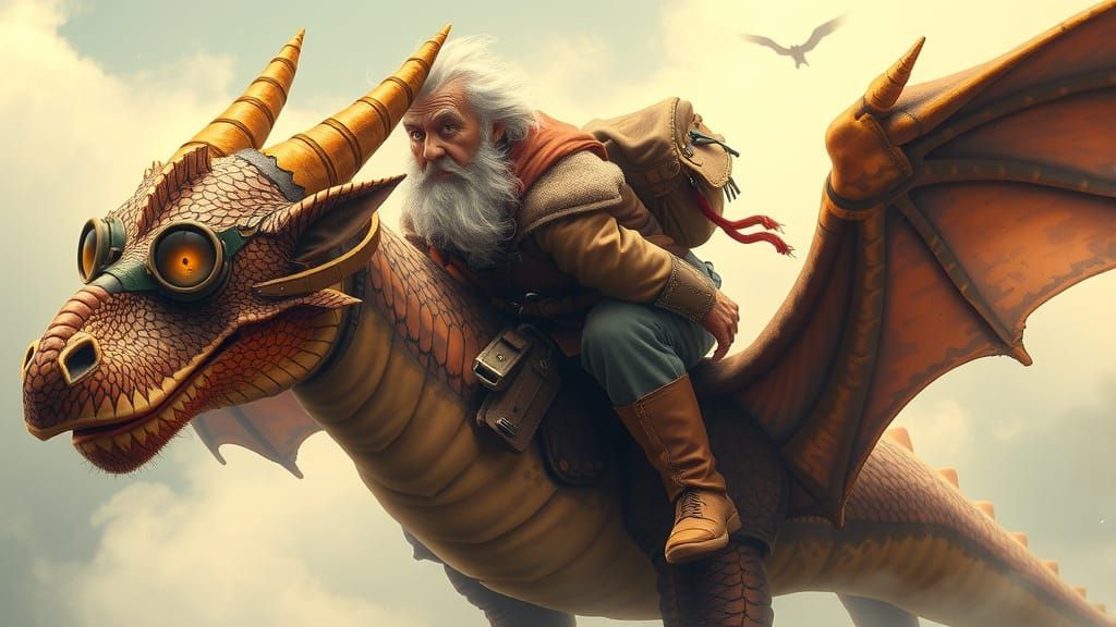 Elderly Adventurer Soaring on Dragon in Whimsical Style