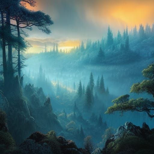 Hyperdetailed Blue Forest at Sunset, Digital Painting