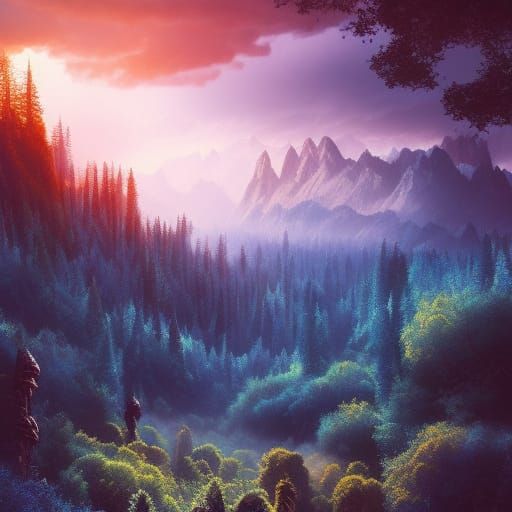 Blue Forest at Sunset in Digital Painting Style