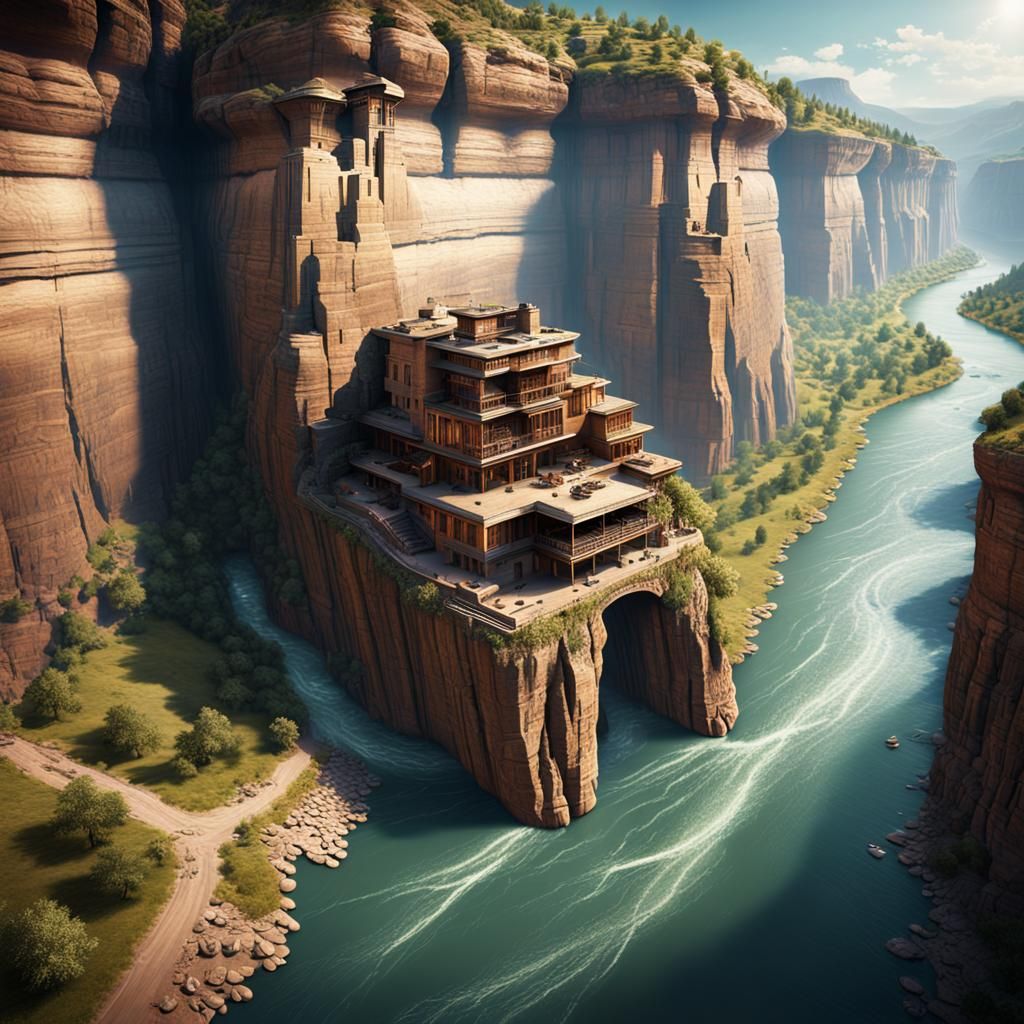 Hyperrealistic Cliffside Dwelling Over River Canyon