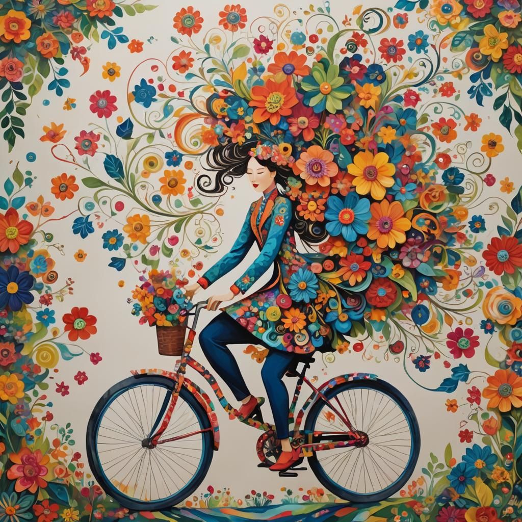 Enchanting Cyclist Amidst Abstract Floral Fantasy