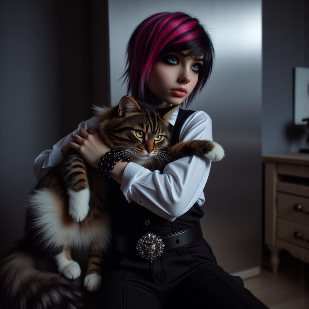 Young Woman Holds Fluffy Tabby Cat