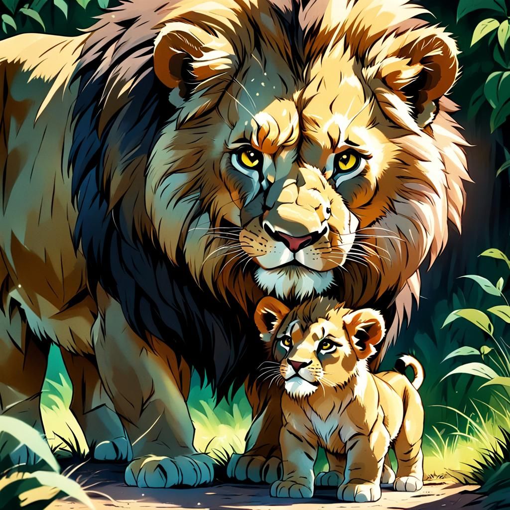 Lion Cub and Father in Anime Style