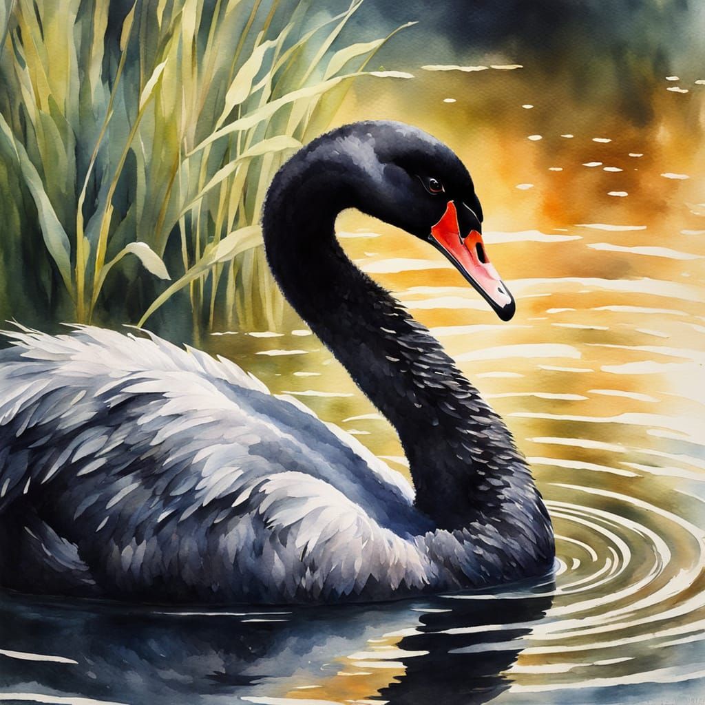 Dreamy Watercolour Portrait of a Black Swan