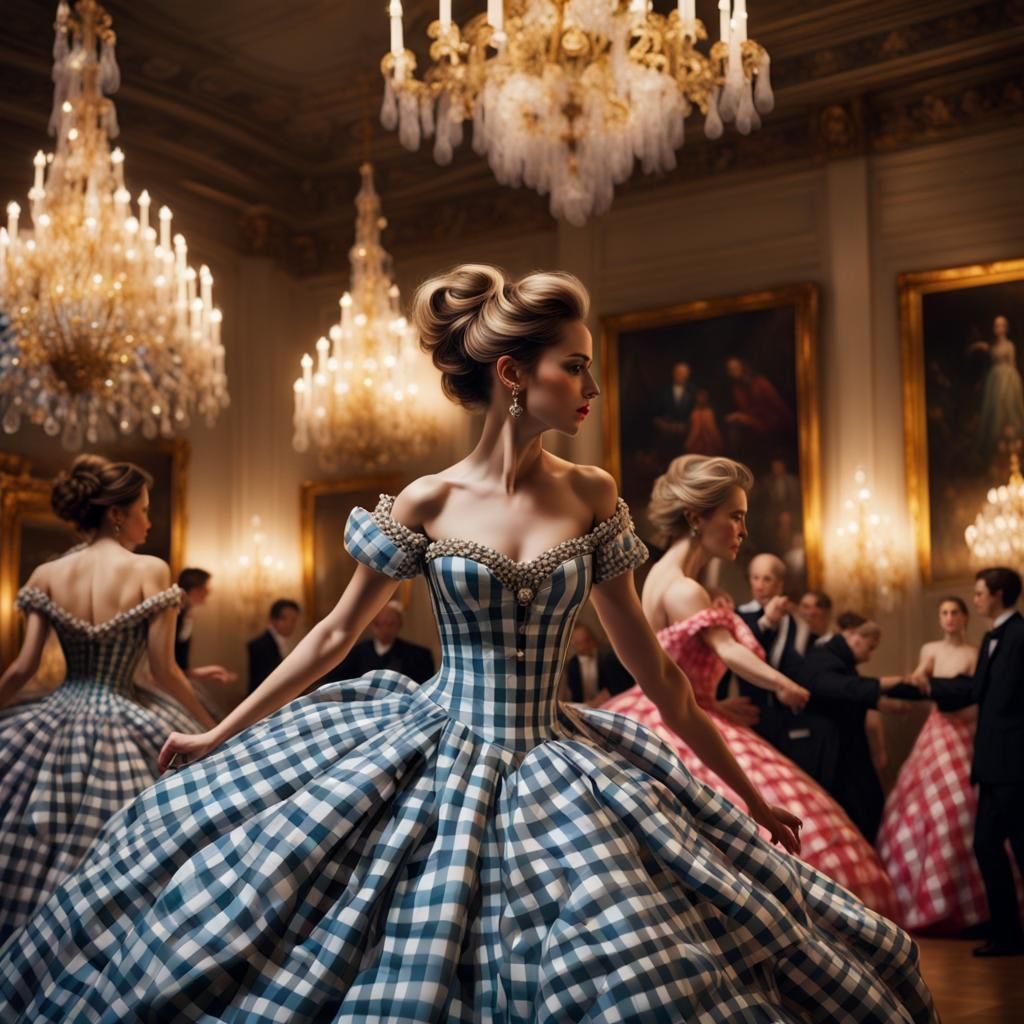 Gingham Ball Gowns in Dimly Lit Ballroom