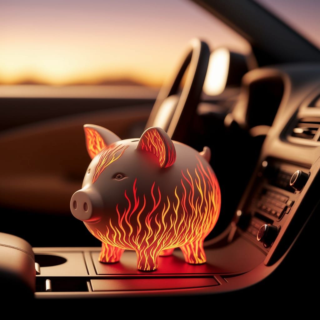 Cozy Piggy Bank in Warmly Lit Car Interior